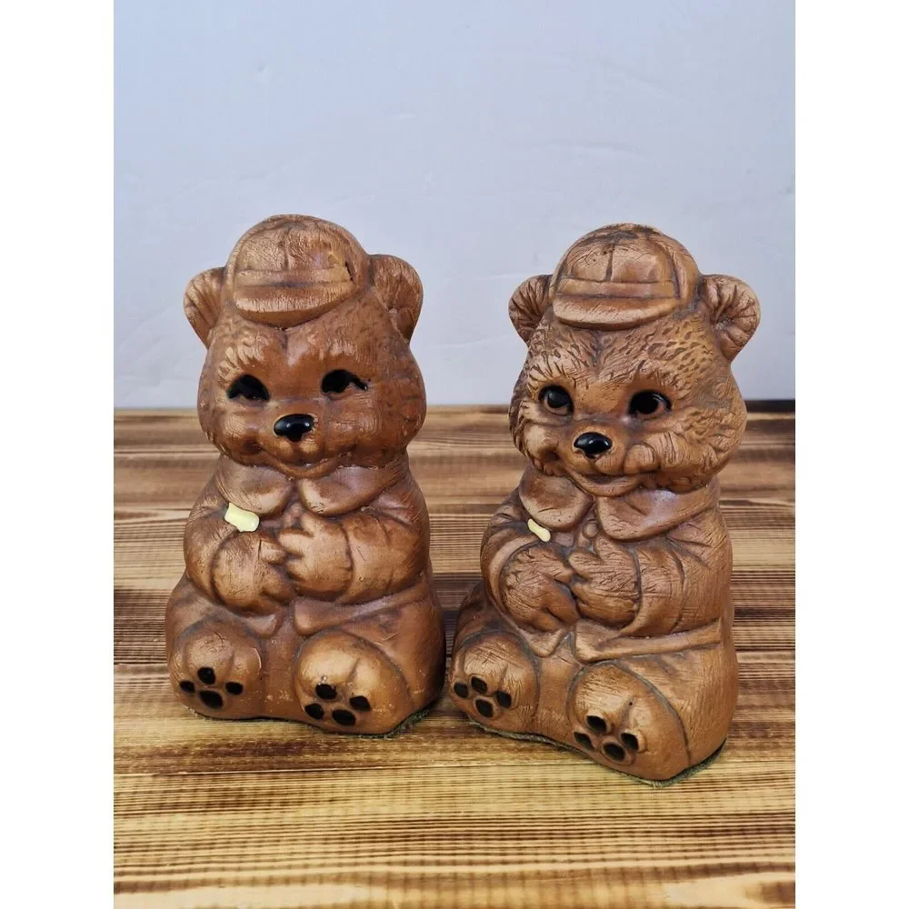 Set of 2 - Large‎ Teddy Salt Pepper Shakers 1960s Felted Bottom Bear In Hat 5
